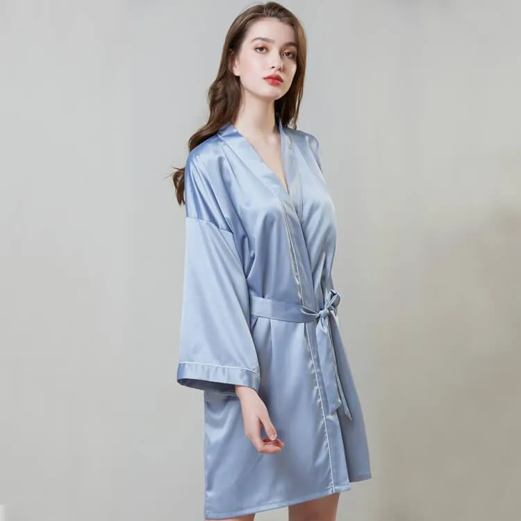 100% Silk V Neck Bridal Short Silk Robes With White Trim Soft Nightwear