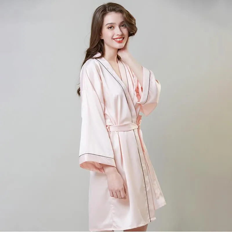 100% Silk V Neck Bridal Short Silk Robes With White Trim Soft Nightwear