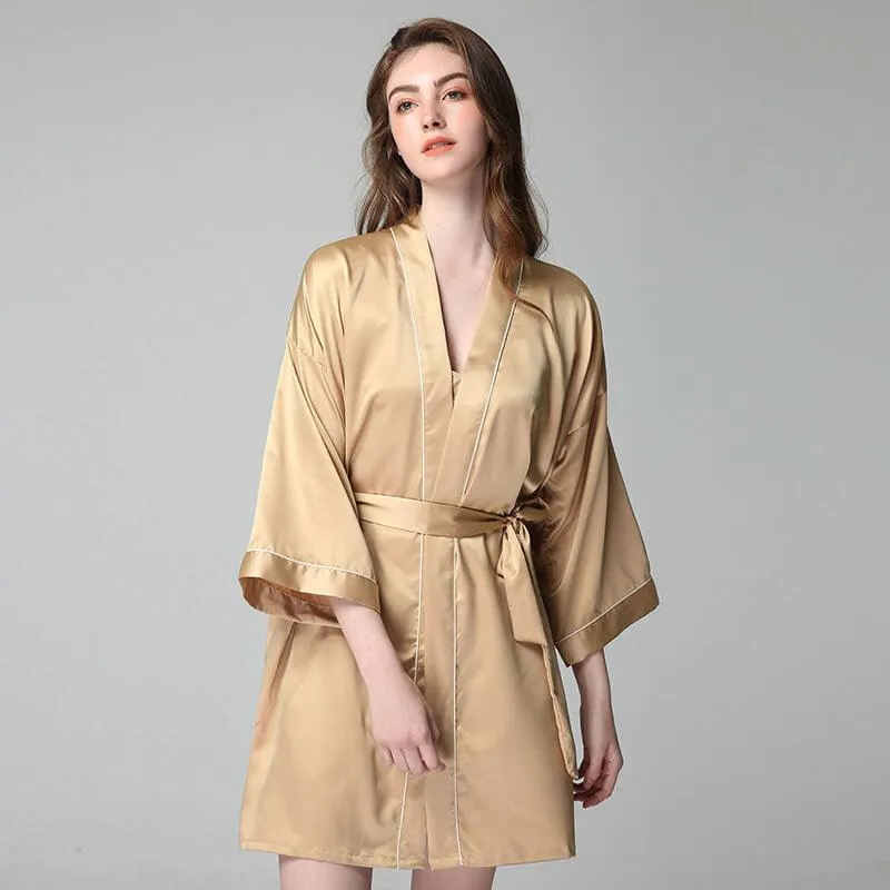 100% Silk V Neck Bridal Short Silk Robes With White Trim Soft Nightwear