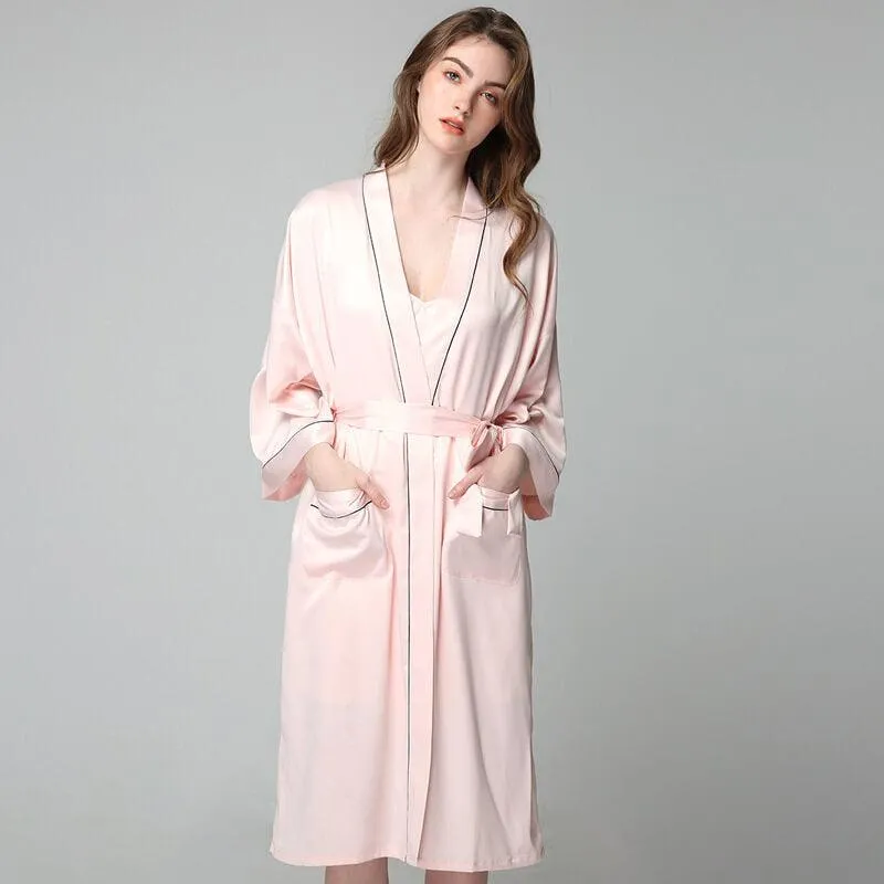 100% Silk V Neckline Full Length Breathably Silk  and Robes SetNightgown