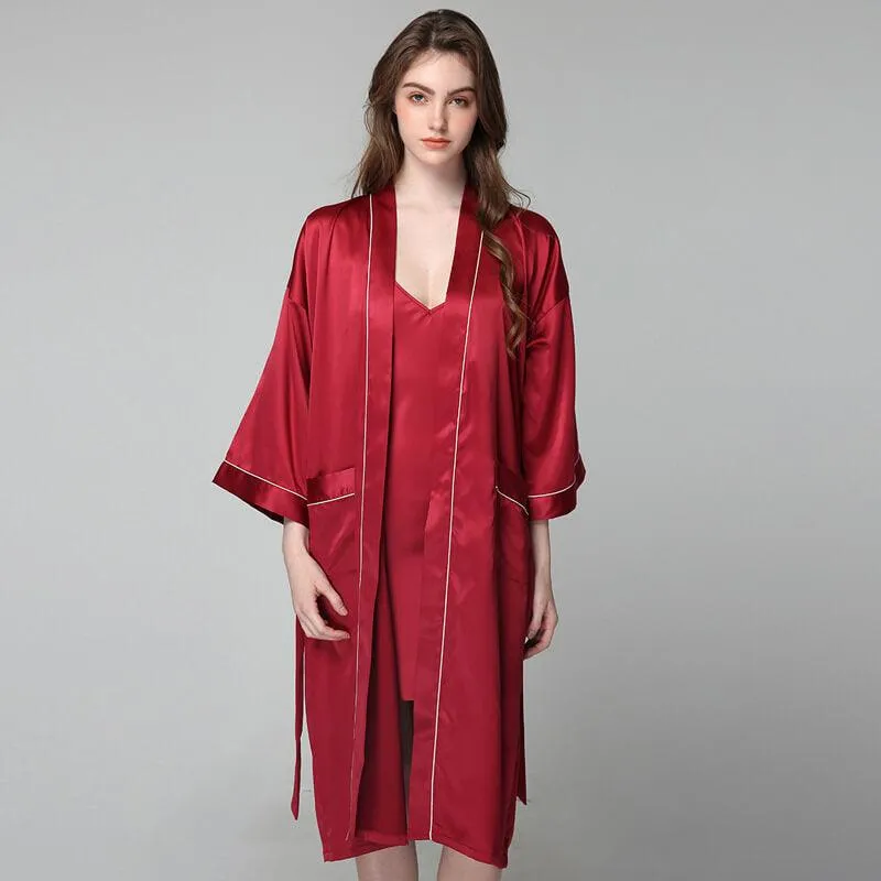 100% Silk V Neckline Full Length Breathably Silk  and Robes SetNightgown