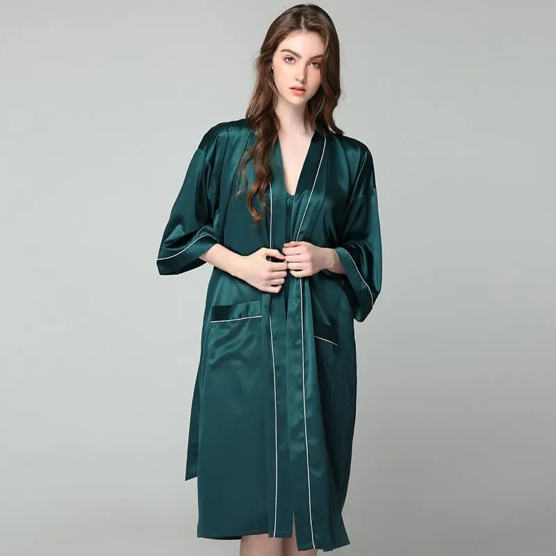 100% Silk V Neckline Full Length Breathably Silk  and Robes SetNightgown