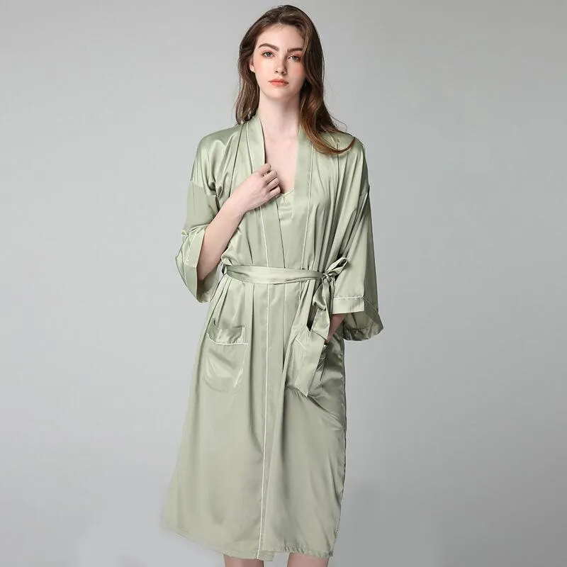 100% Silk V Neckline Full Length Breathably Silk  and Robes SetNightgown