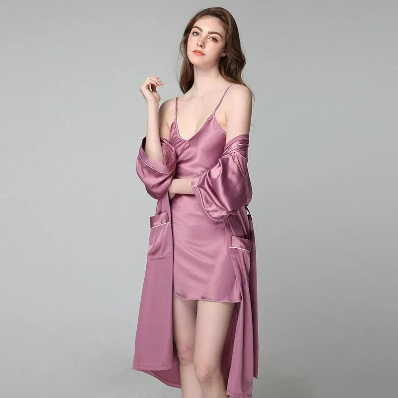 100% Silk V Neckline Full Length Breathably Silk  and Robes SetNightgown