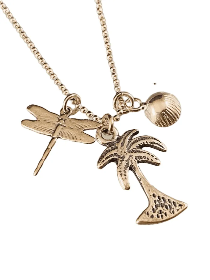 18” Dragonfly Palm Tree & Beach Shell Charm Necklace