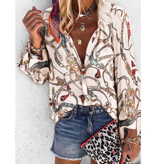 2021 New Design Women Blouse V-neck Long Sleeve Chains Print Loose Sizes S - 4XL