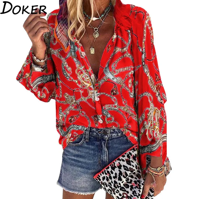 2021 New Design Women Blouse V-neck Long Sleeve Chains Print Loose Sizes S - 4XL