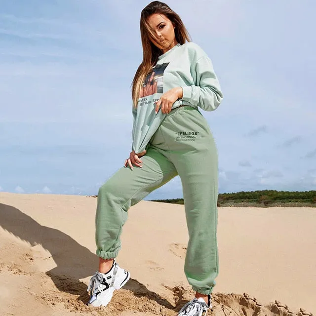 2021 Sexy Women's High Waist Loose Fleece Sweatpants With Pockets Korean Style Size 2XL