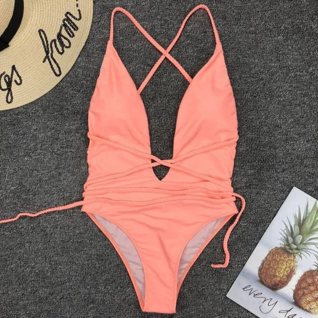 2021 Summer New Bandage  Sexy High Cut One-piece Women Bodysuits Swimwear Sizes S - XL