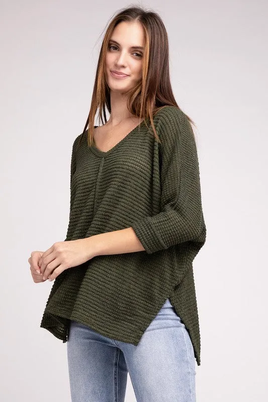 3/4 Sleeve V-Neck Hi-Low Hem Jacquard Sweater