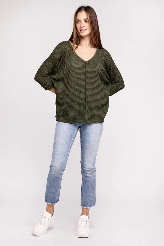 3/4 Sleeve V-Neck Hi-Low Hem Jacquard Sweater