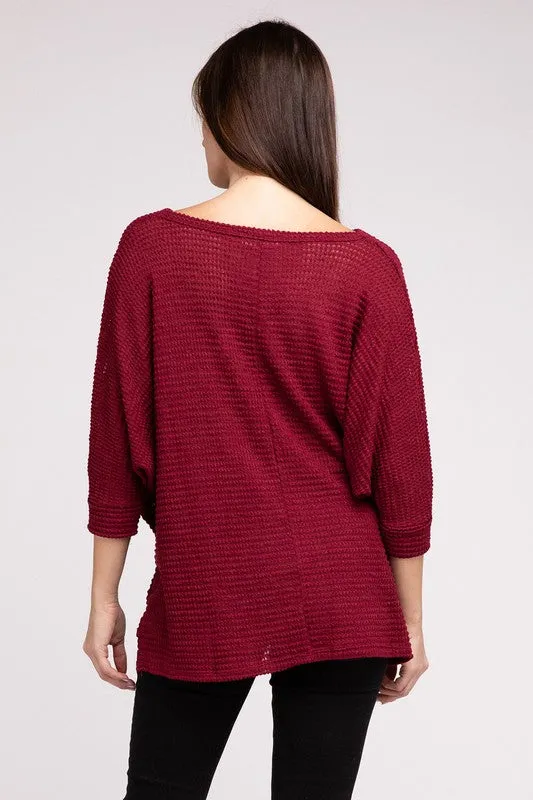 3/4 Sleeve V-Neck Hi-Low Hem Jacquard Sweater