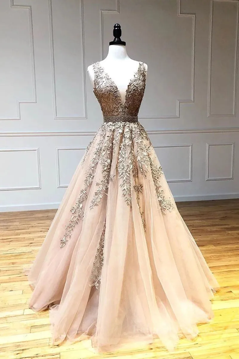 A Line V Neck Lace Champagne Tulle Long Prom Dress, V Neck Lace Champagne Formal Dress, Champagne Lace Evening Dress