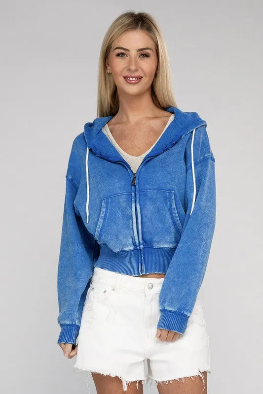 Acid Wash Fleece Cropped Zip-Up Hoodie