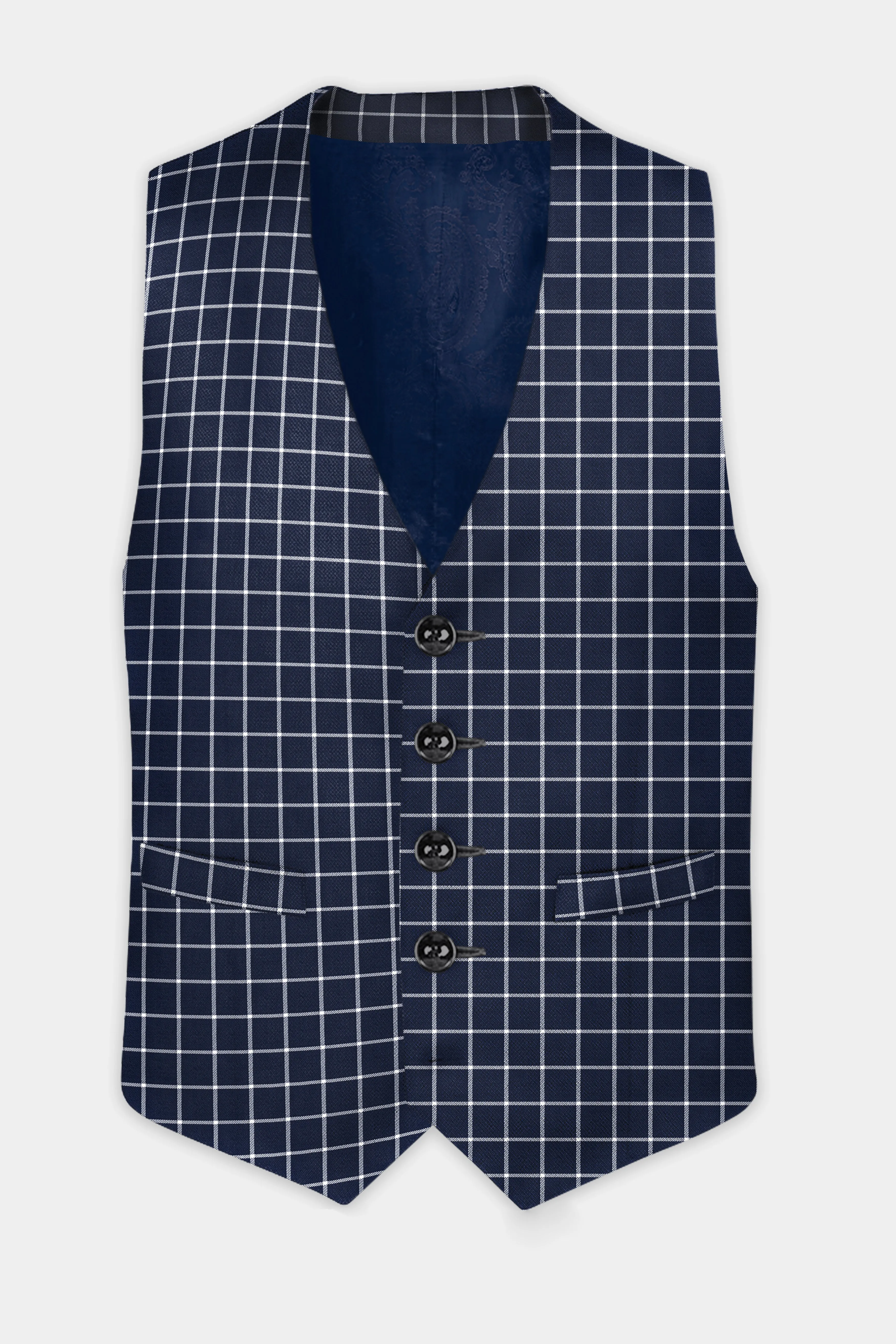 Admiral Blue and White Windowpane Wool Rich Waistcoat