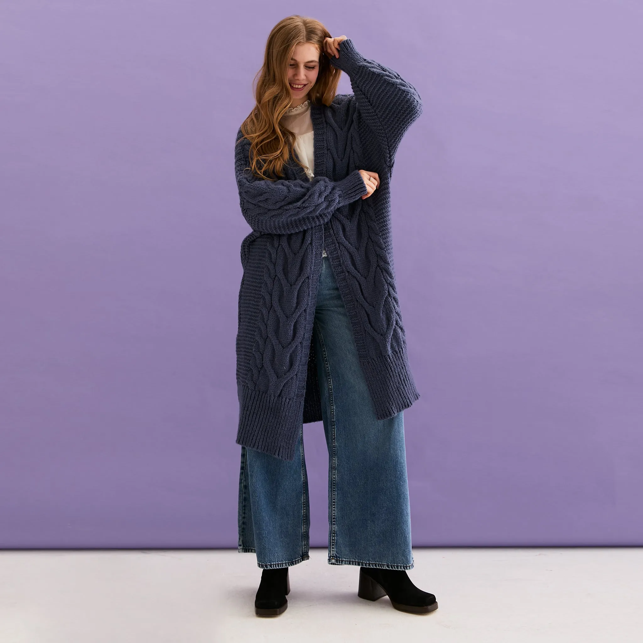 Alex Cable Balloon Sleeve Maxi Cardigan - Denim