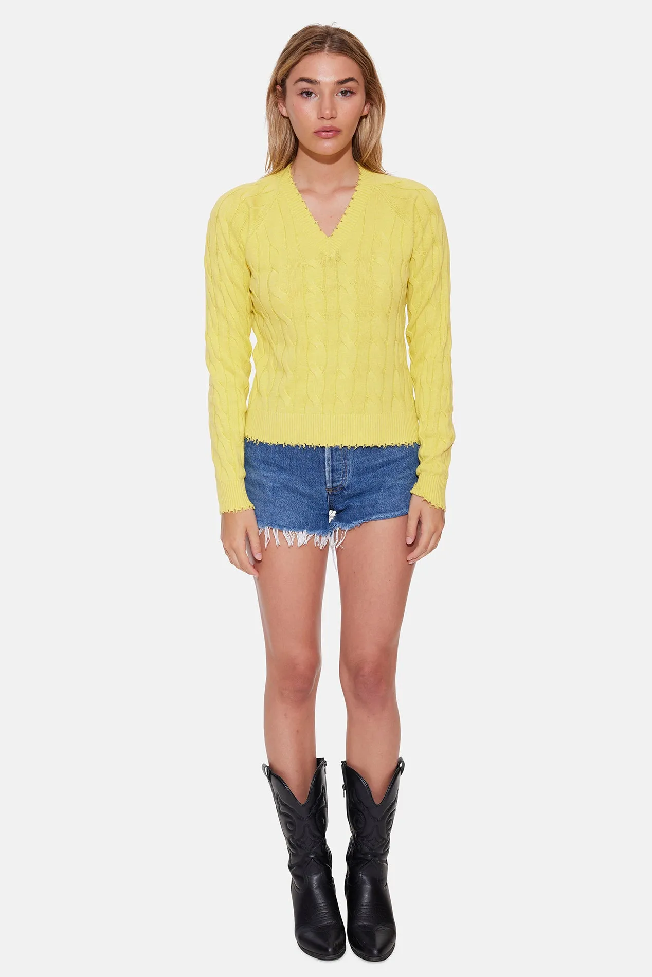 Amber Cable V Neck Sweater Bright Yellow