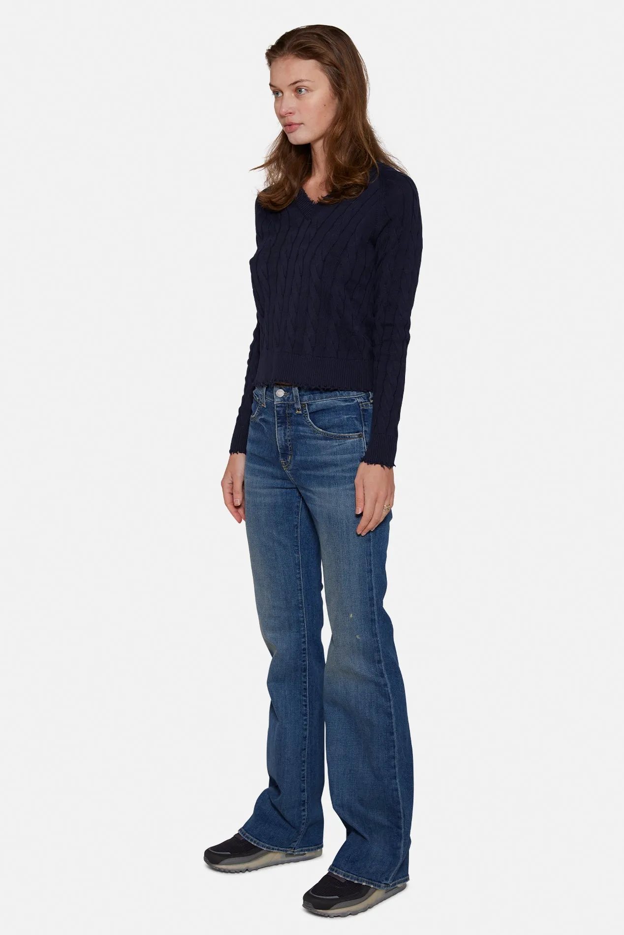 Amber Cable V Neck Sweater Navy