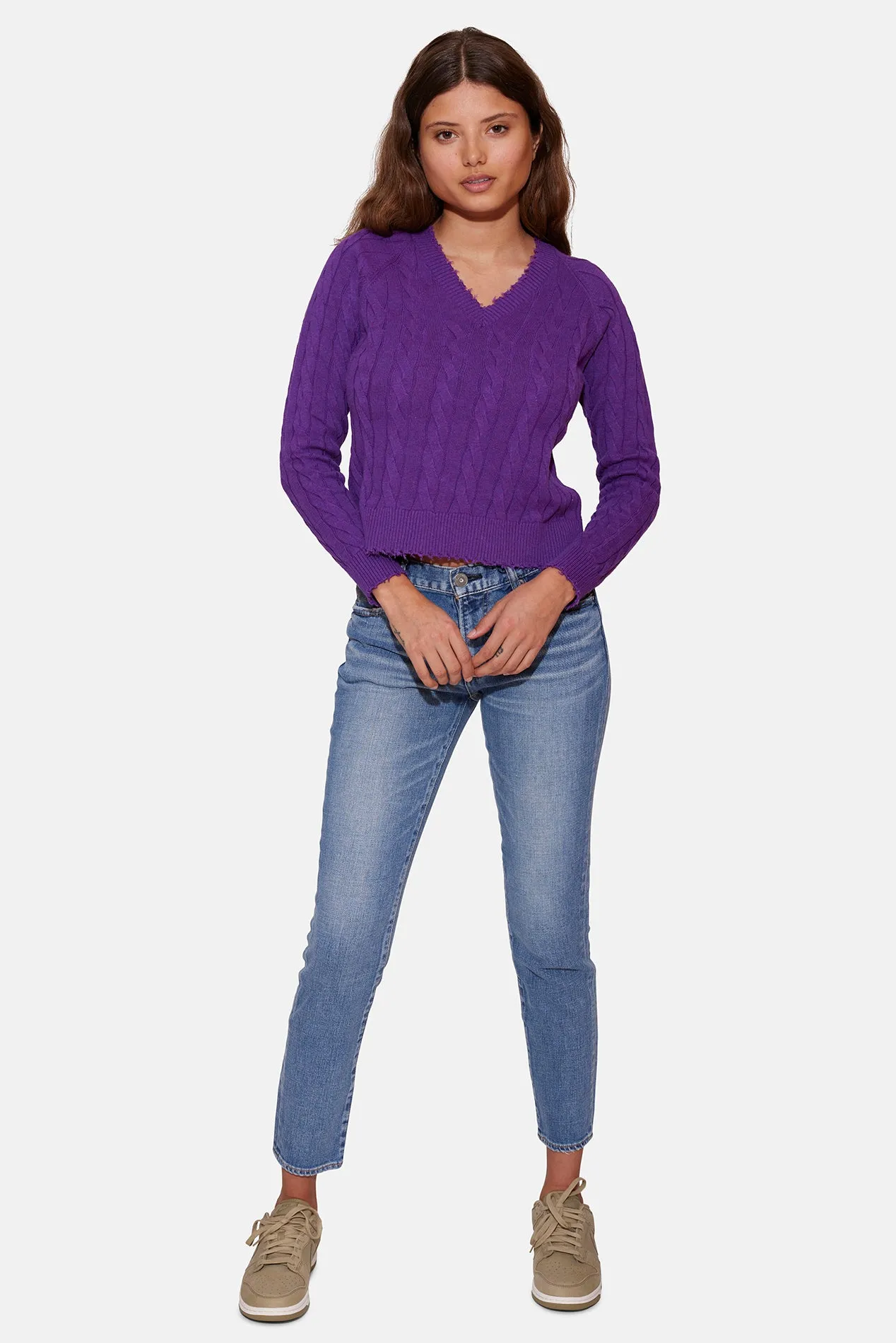 Amber Cable V Neck Sweater Purple