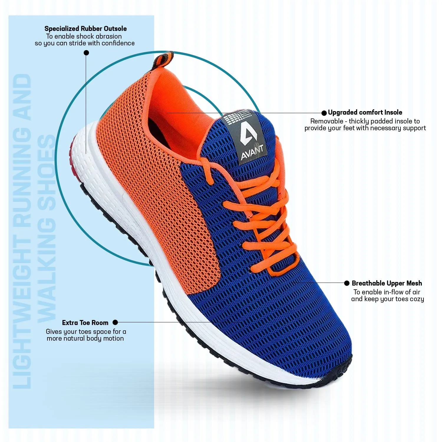 Avant Men's Lightweight Running and Walking Shoes - Navy/Orange