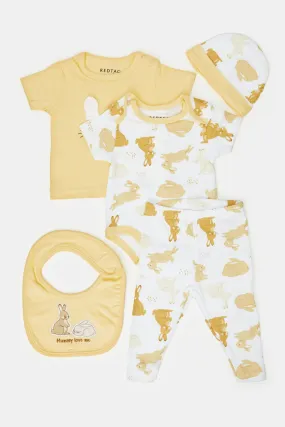 Babies Yellow And White Printed Gift Set (5 Piece)