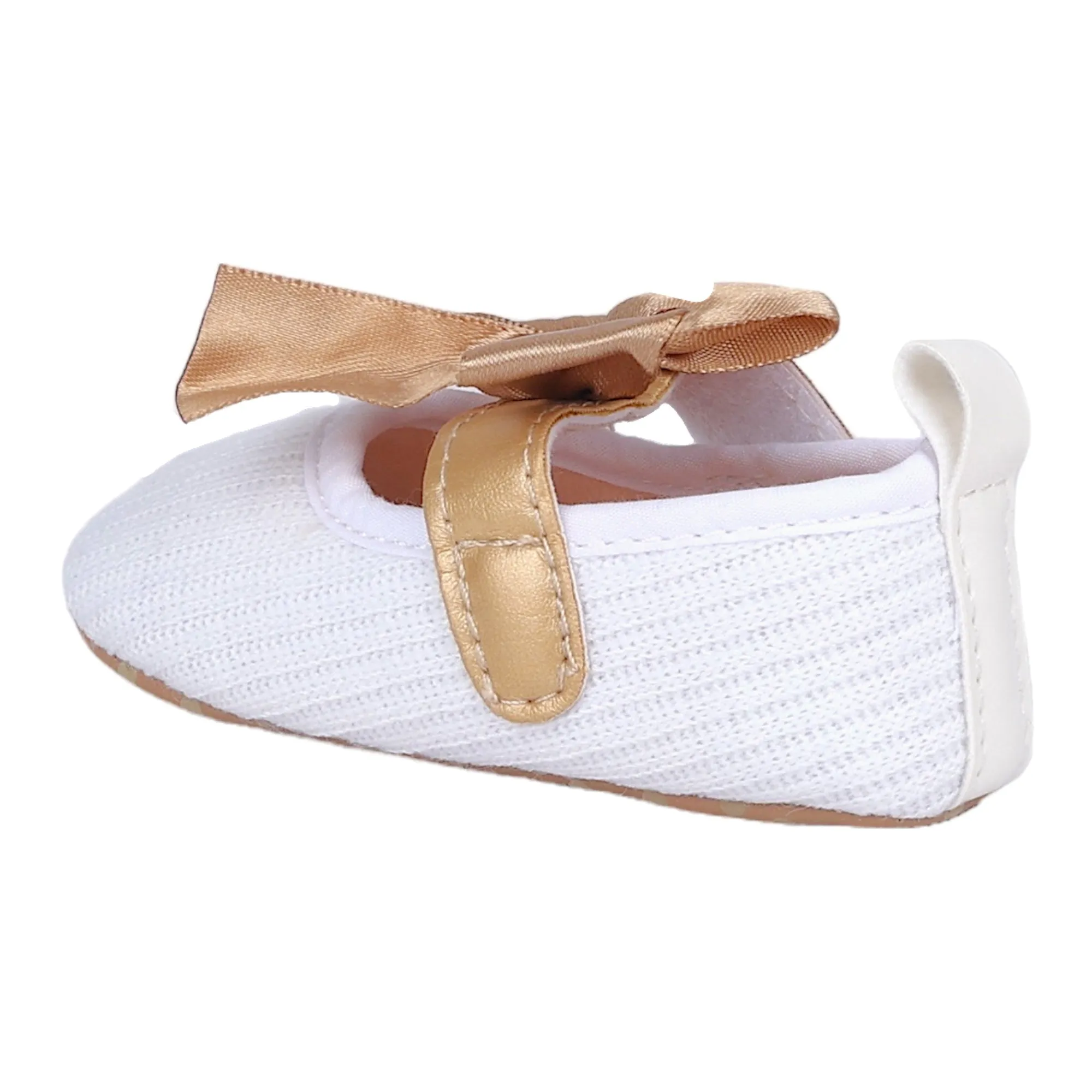 Baby Moo Bow Knot Velcro Strap Ribbed Anti-Skid Ballerina Booties - White