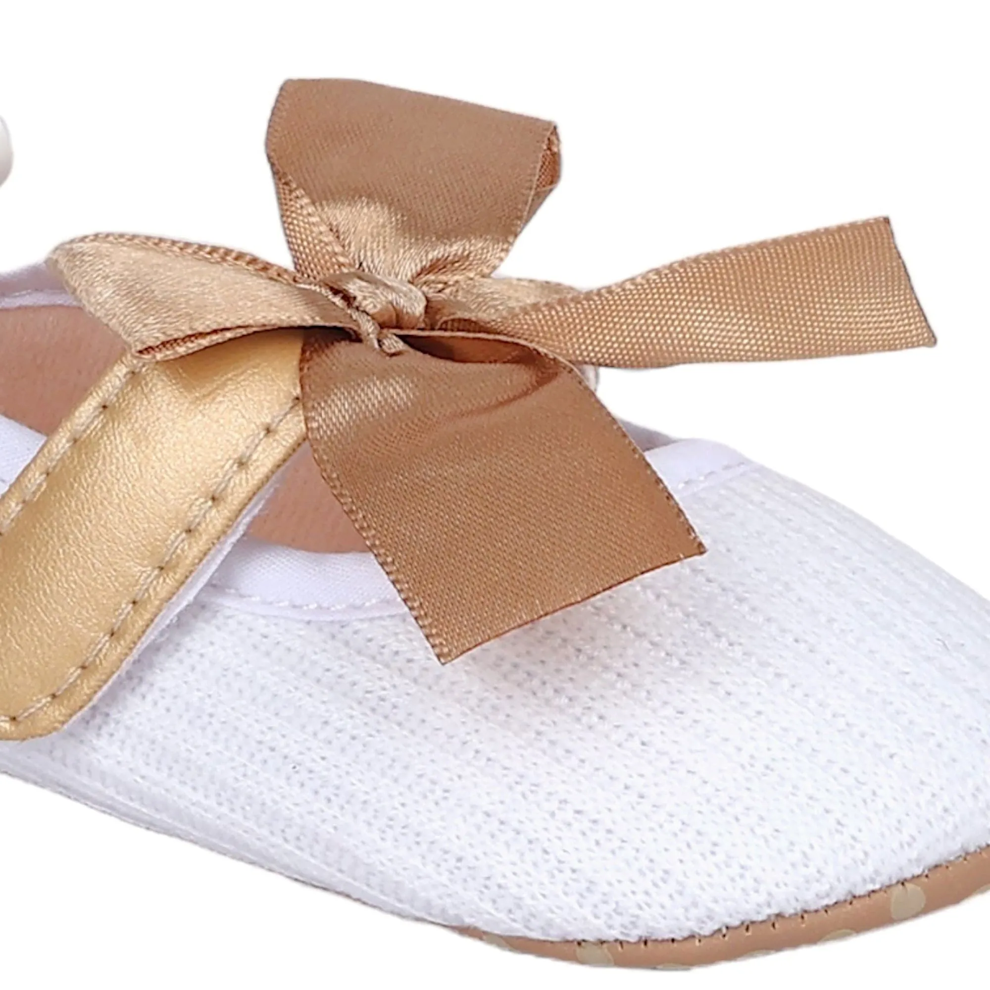 Baby Moo Bow Knot Velcro Strap Ribbed Anti-Skid Ballerina Booties - White