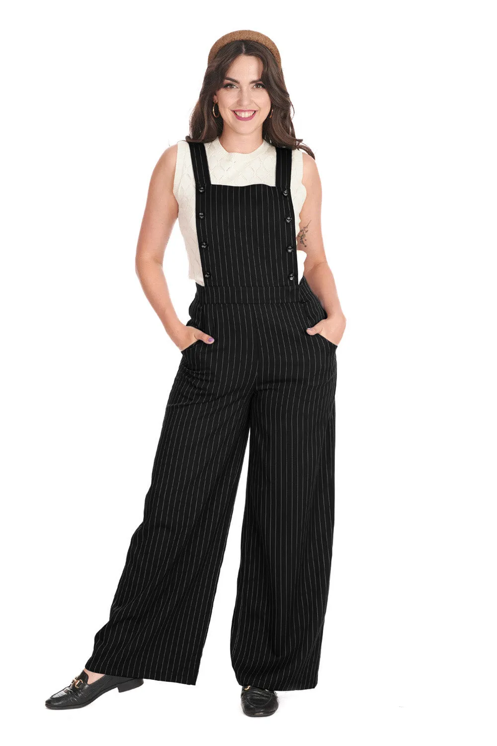 Banned Retro Stripe and Sail Black Pinstripe Dungaree Overalls