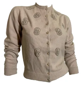 Beaded Oyster Orlon Button Down Cardigan Sweater circa 1950s