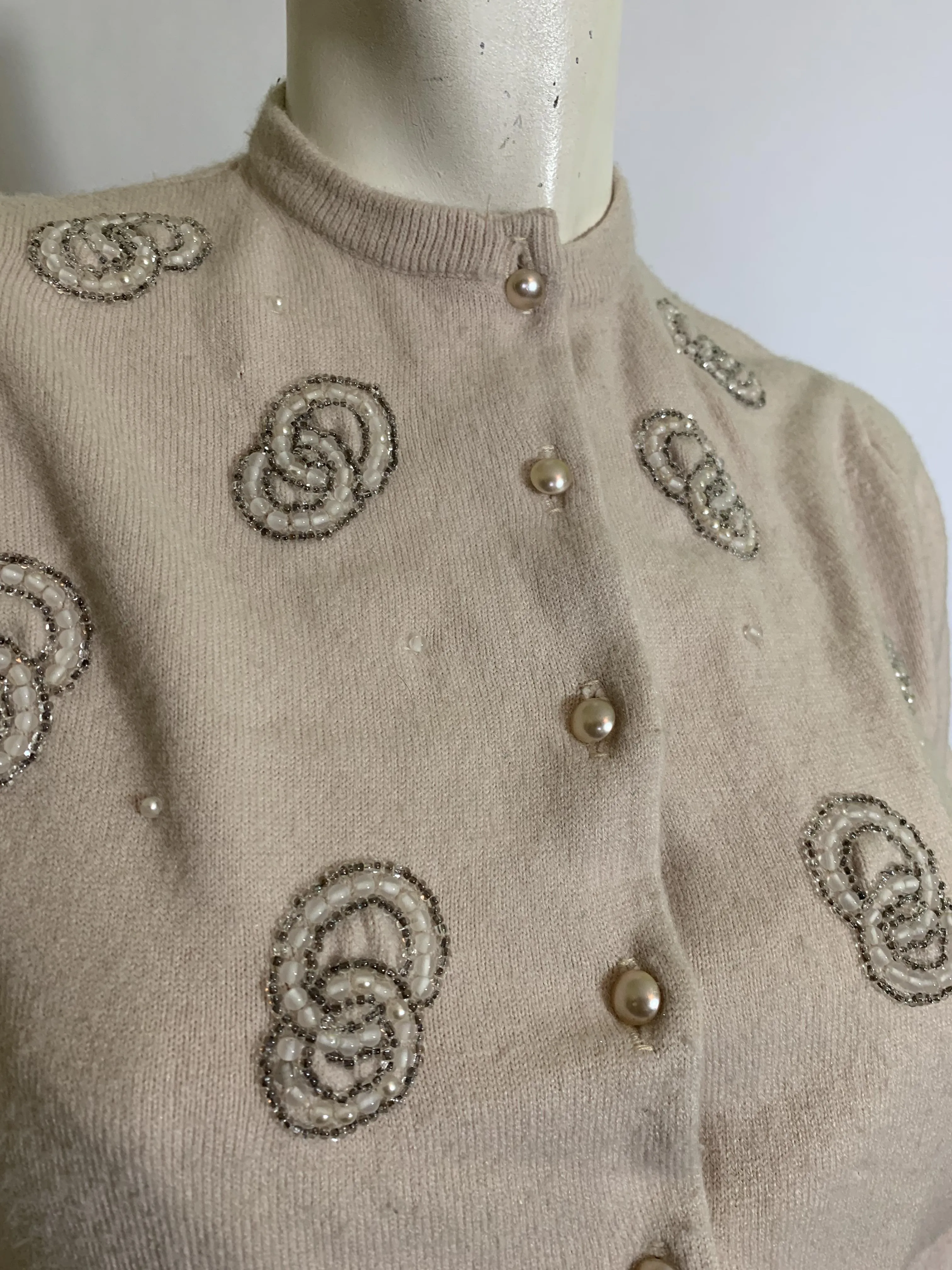 Beaded Oyster Orlon Button Down Cardigan Sweater circa 1950s