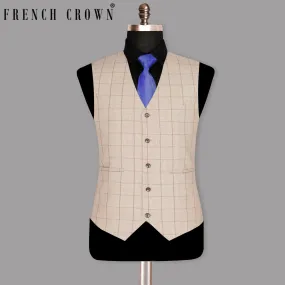 Beige Windowpane Wool Rich Waistcoat