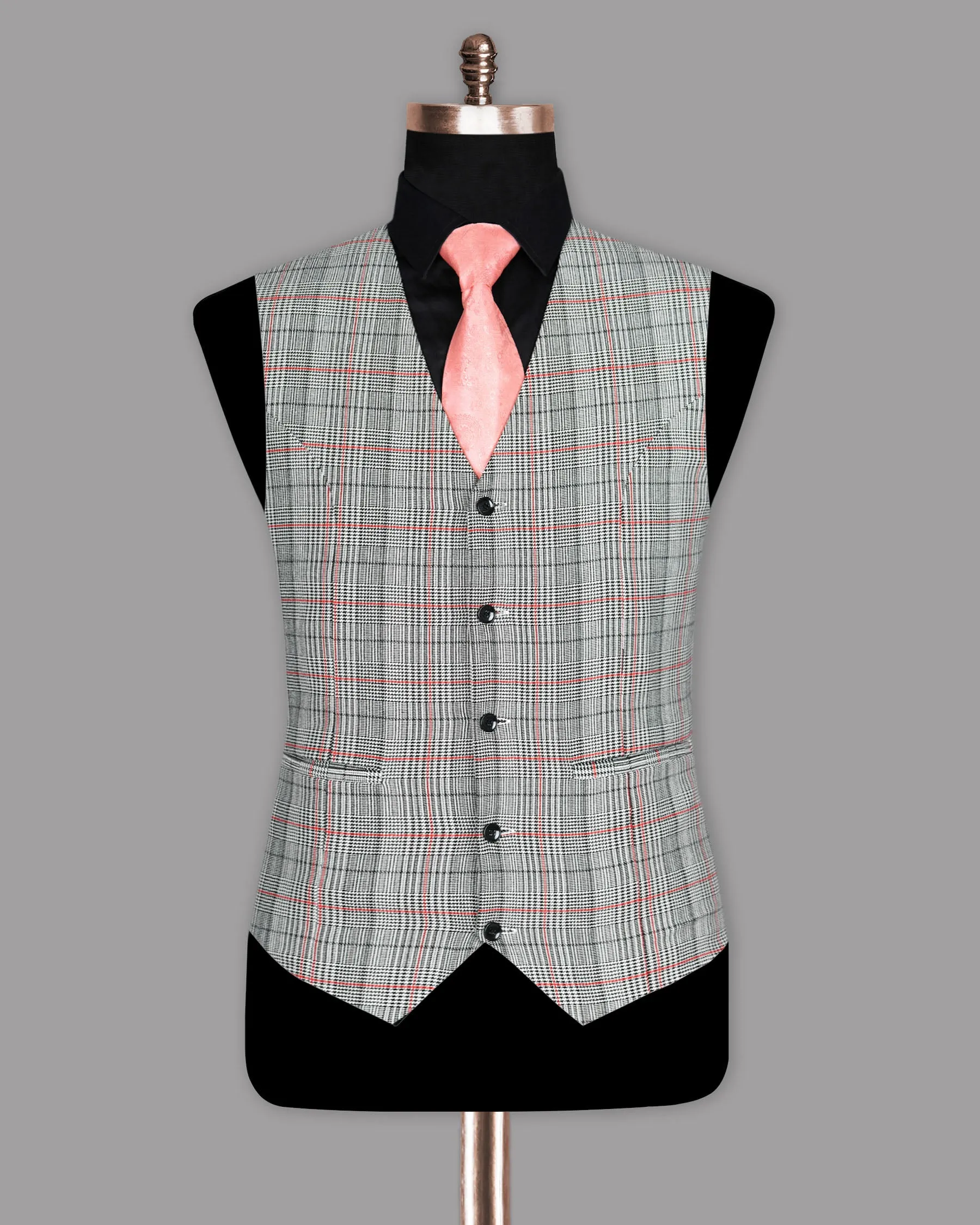 Black and white with Red Windowpane Houndstooth Wool Rich Waistcoat