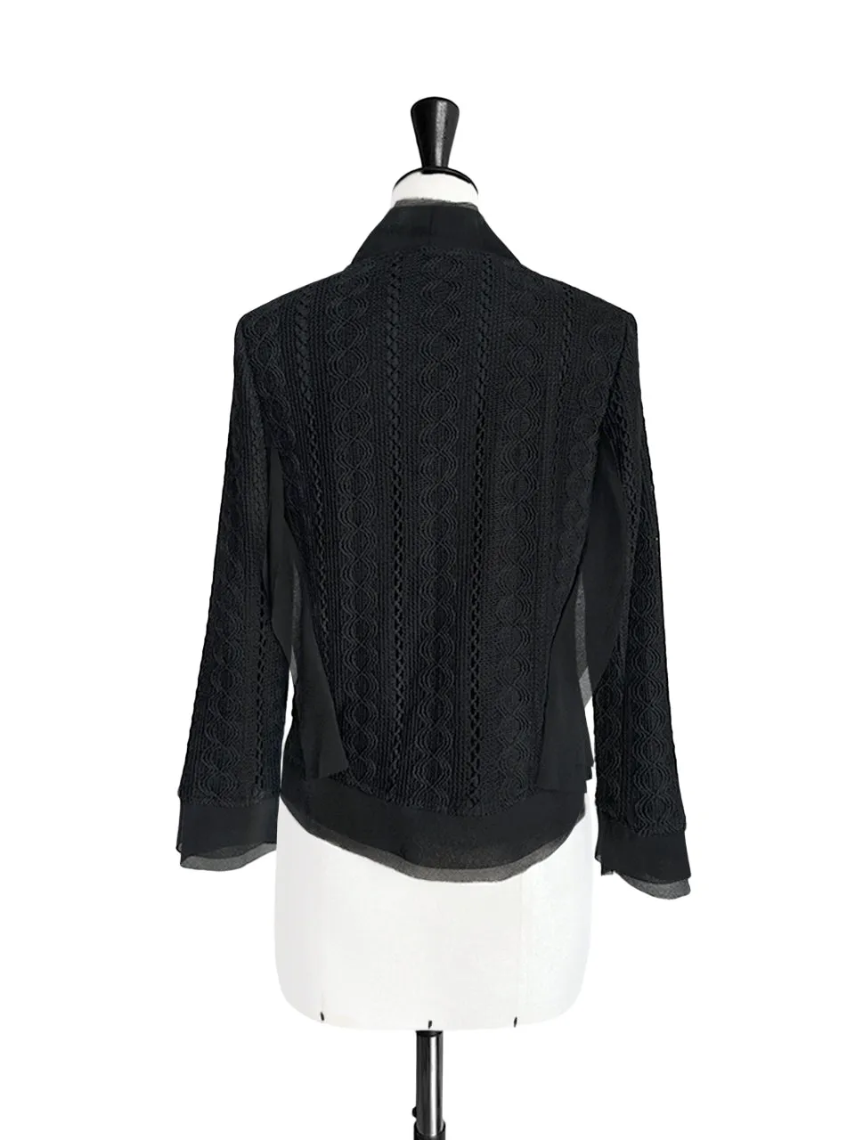 Black Chiffon Trimmed Open Front Lightweight Knit Jacket