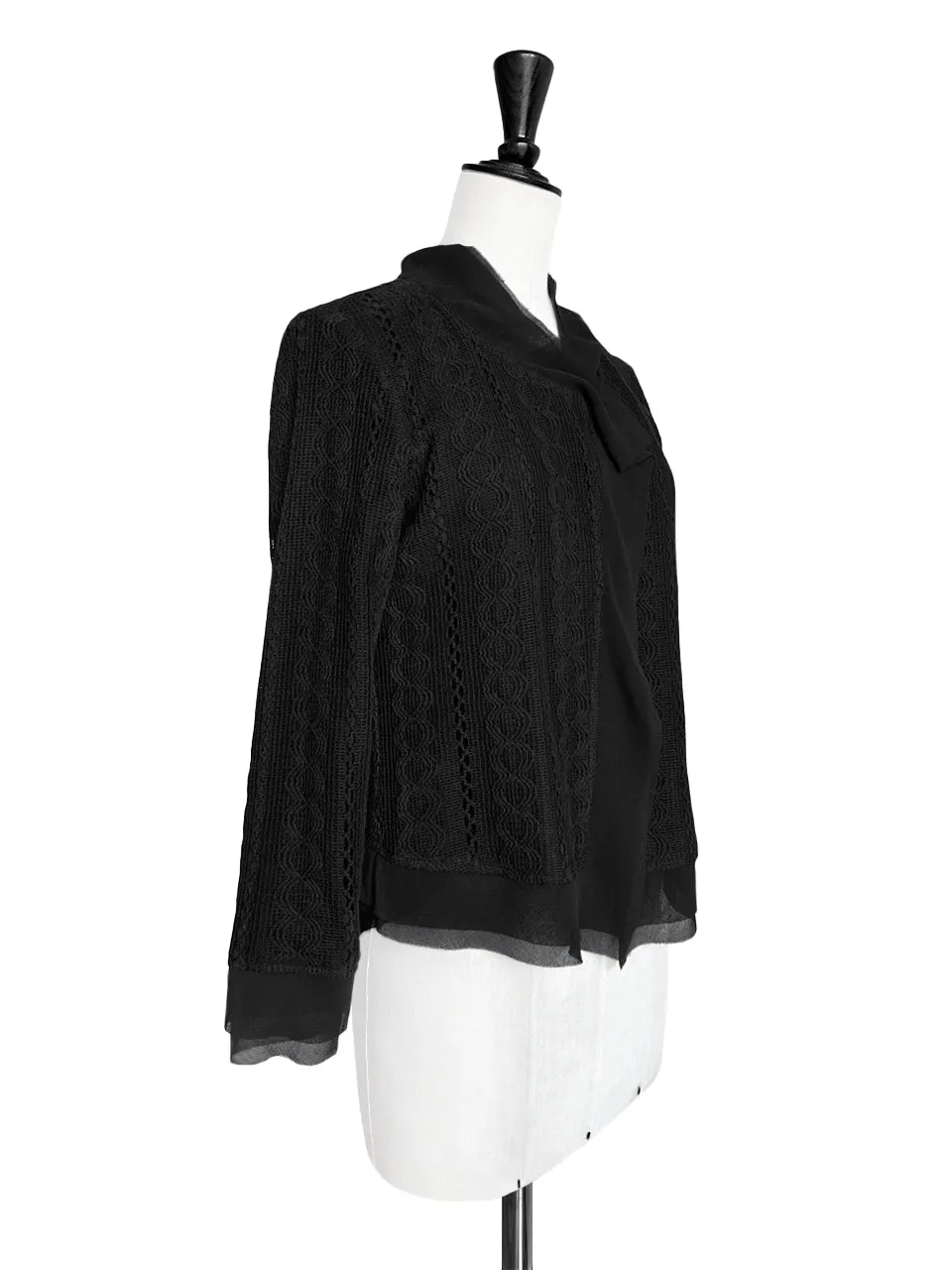 Black Chiffon Trimmed Open Front Lightweight Knit Jacket