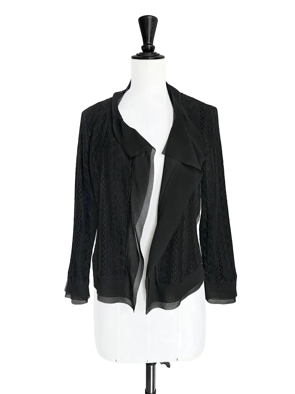 Black Chiffon Trimmed Open Front Lightweight Knit Jacket