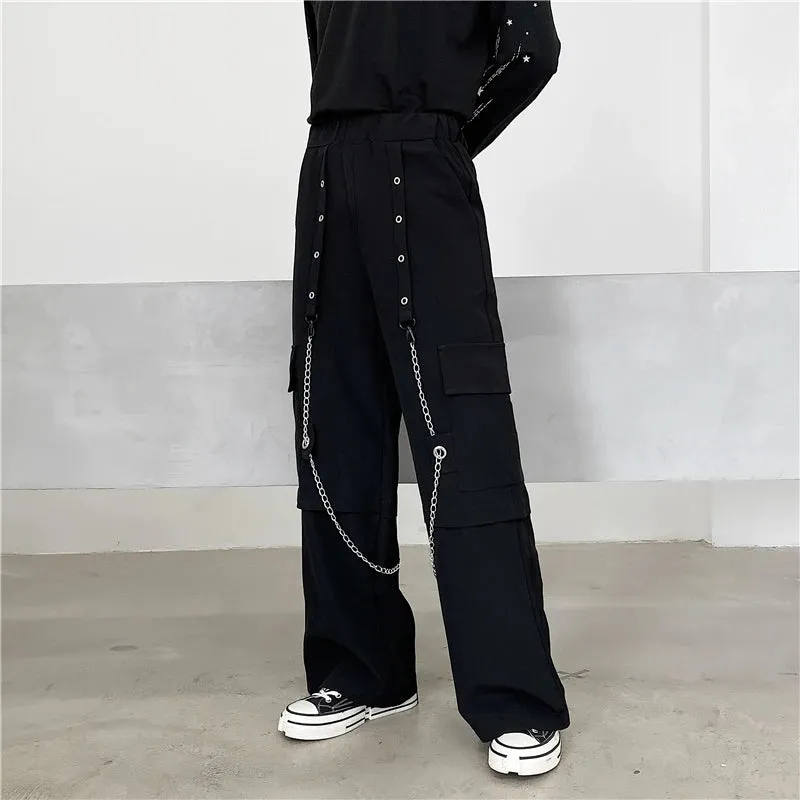 BONSIR  -  Men Autumn New Fashion Wide Leg Pants Both Metal Chain Decor Big Pockets Elastic Overalls Mens Loose Casual Streetwear Trousers