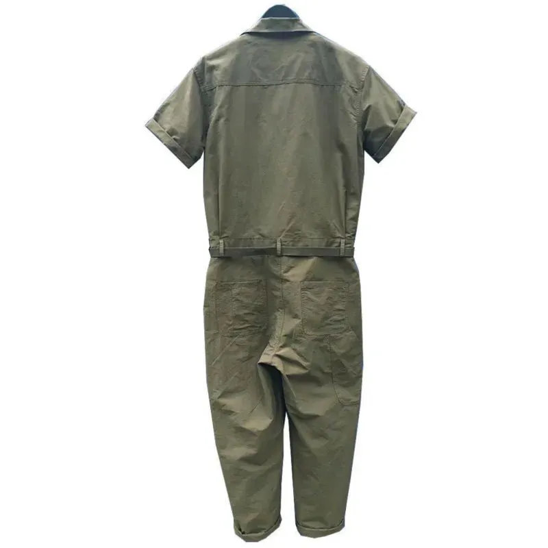 Bonsir -  Mens Cargo Overalls Solid Color Lapel Short Sleeve Casual Jumpsuits Multi Pockets Loose Streetwear Rompers with Belt