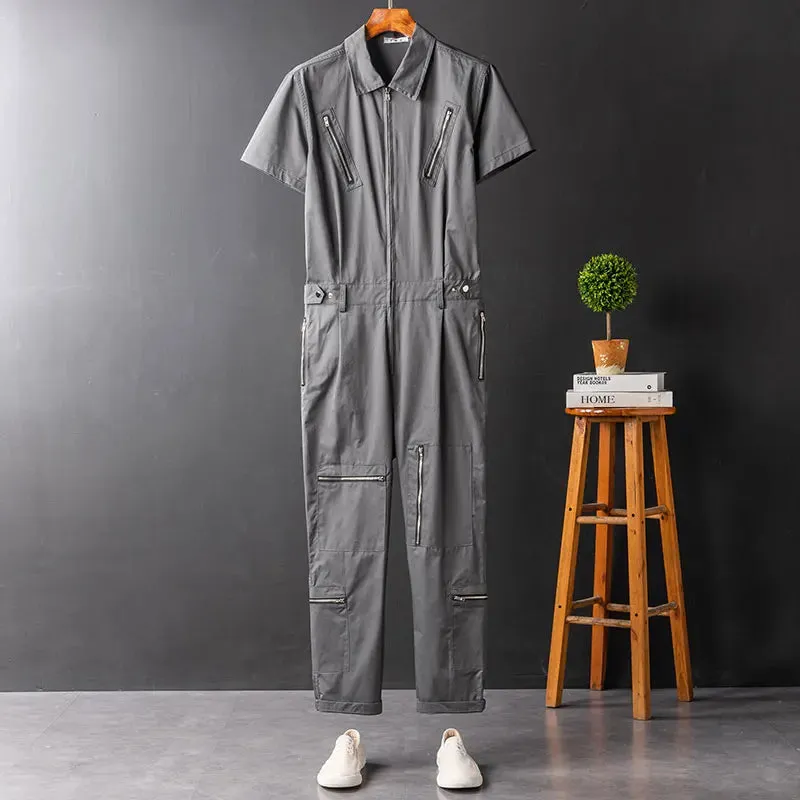 BONSIR  -  Summer Overalls Men Jumpsuit Lapel Cotton Short Sleeve Multi-Pocket  Zipper Hip Hop Streetwear Pants Black Gray Trousers