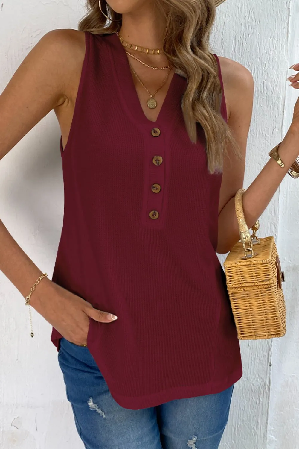 Buttoned V-Neck Tank