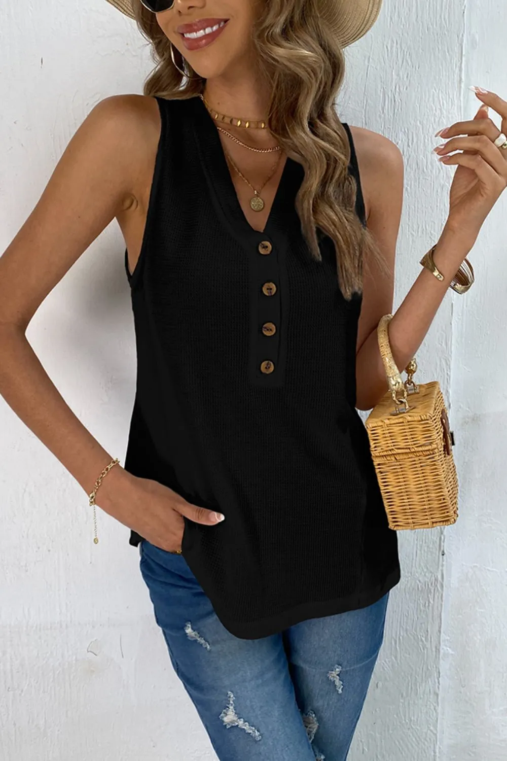 Buttoned V-Neck Tank