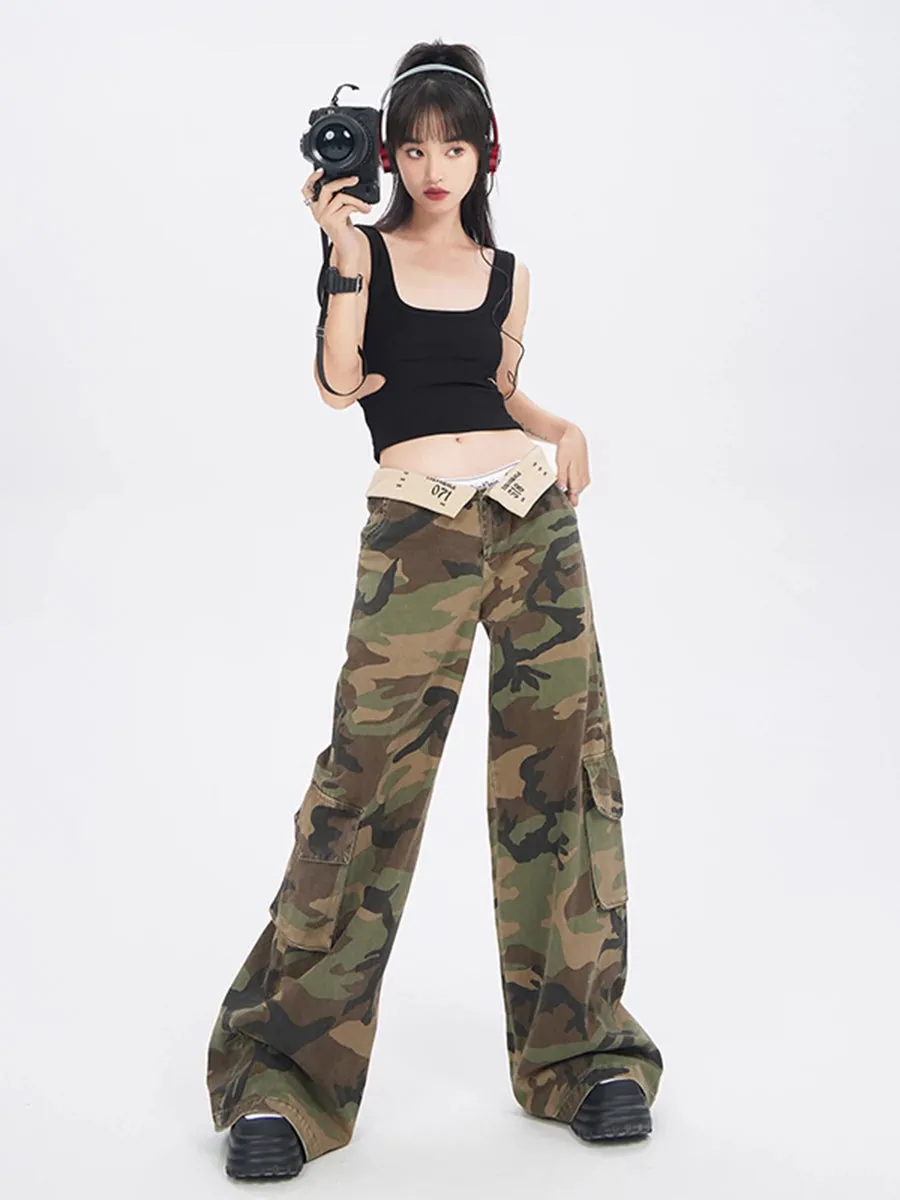 Camouflage Fold-Over Waist Wide-Leg Cargo Pants