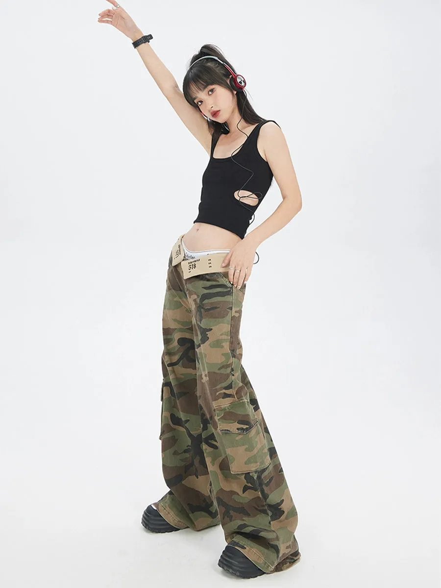 Camouflage Fold-Over Waist Wide-Leg Cargo Pants