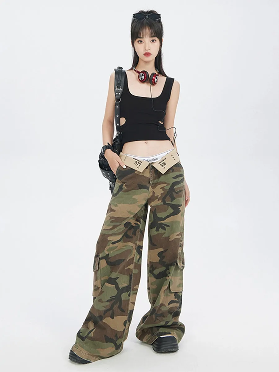 Camouflage Fold-Over Waist Wide-Leg Cargo Pants