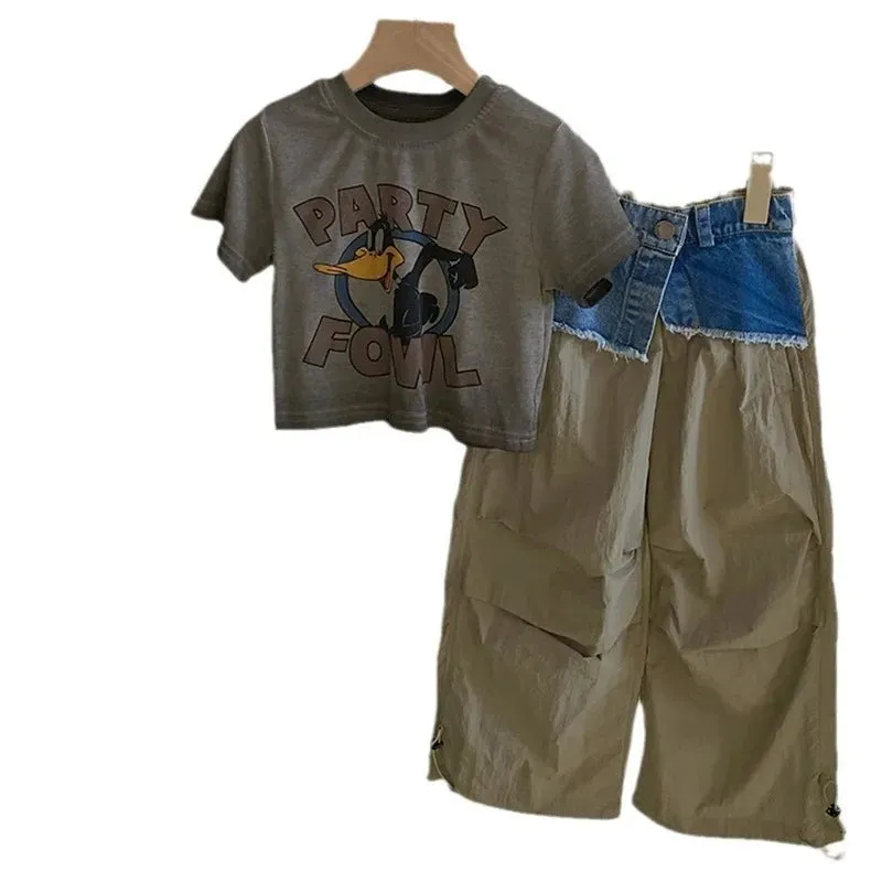 Cartoon Letter Tee & Wide Leg Cargos Two Piece