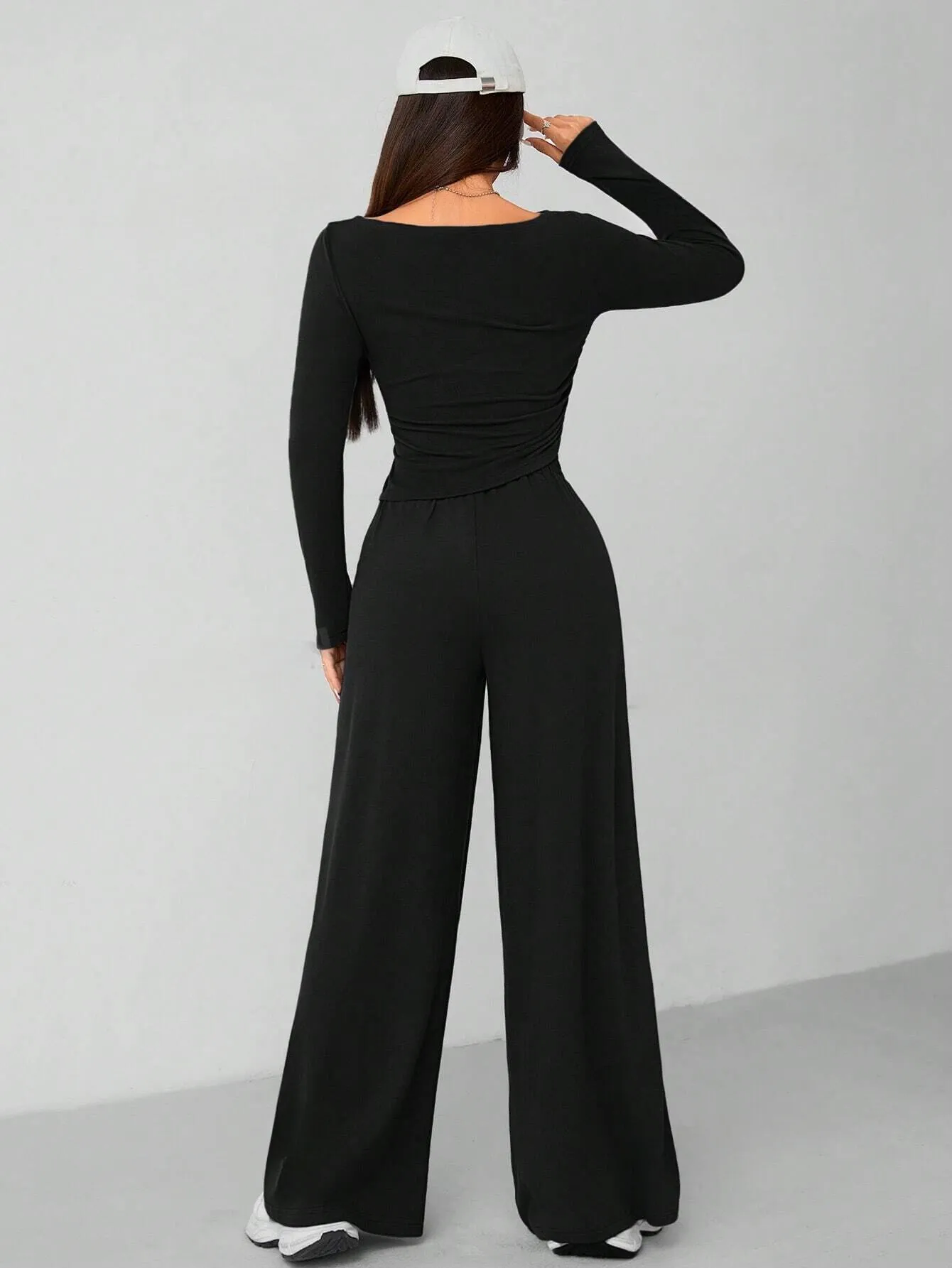 CASUAL 2PCS KNITTED SLIM TOP & WIDE LEG PANTS