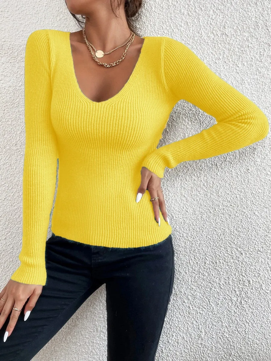 Casual Knit V-Neck Pullover Sweater Basic