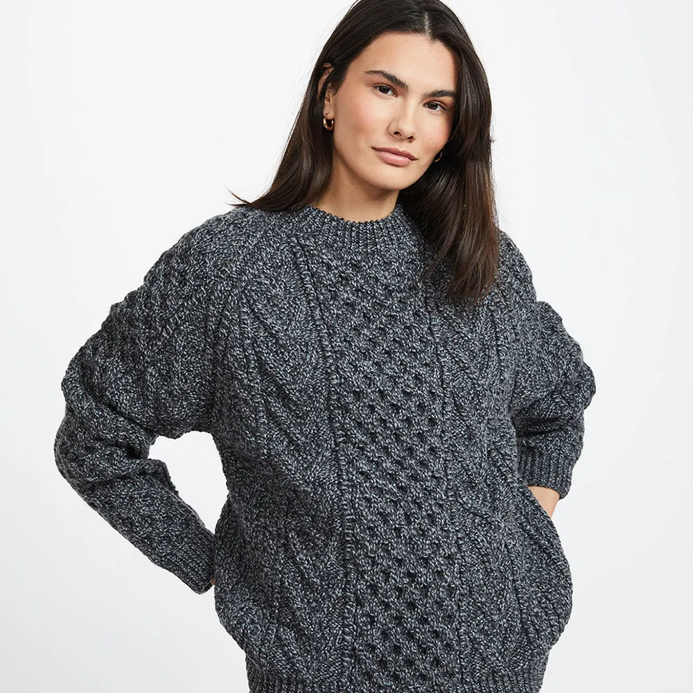 Charcoal Hand Knit Unisex Crew Neck  Aran Sweater