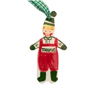 Christmas Boy Ornament - Red Overalls