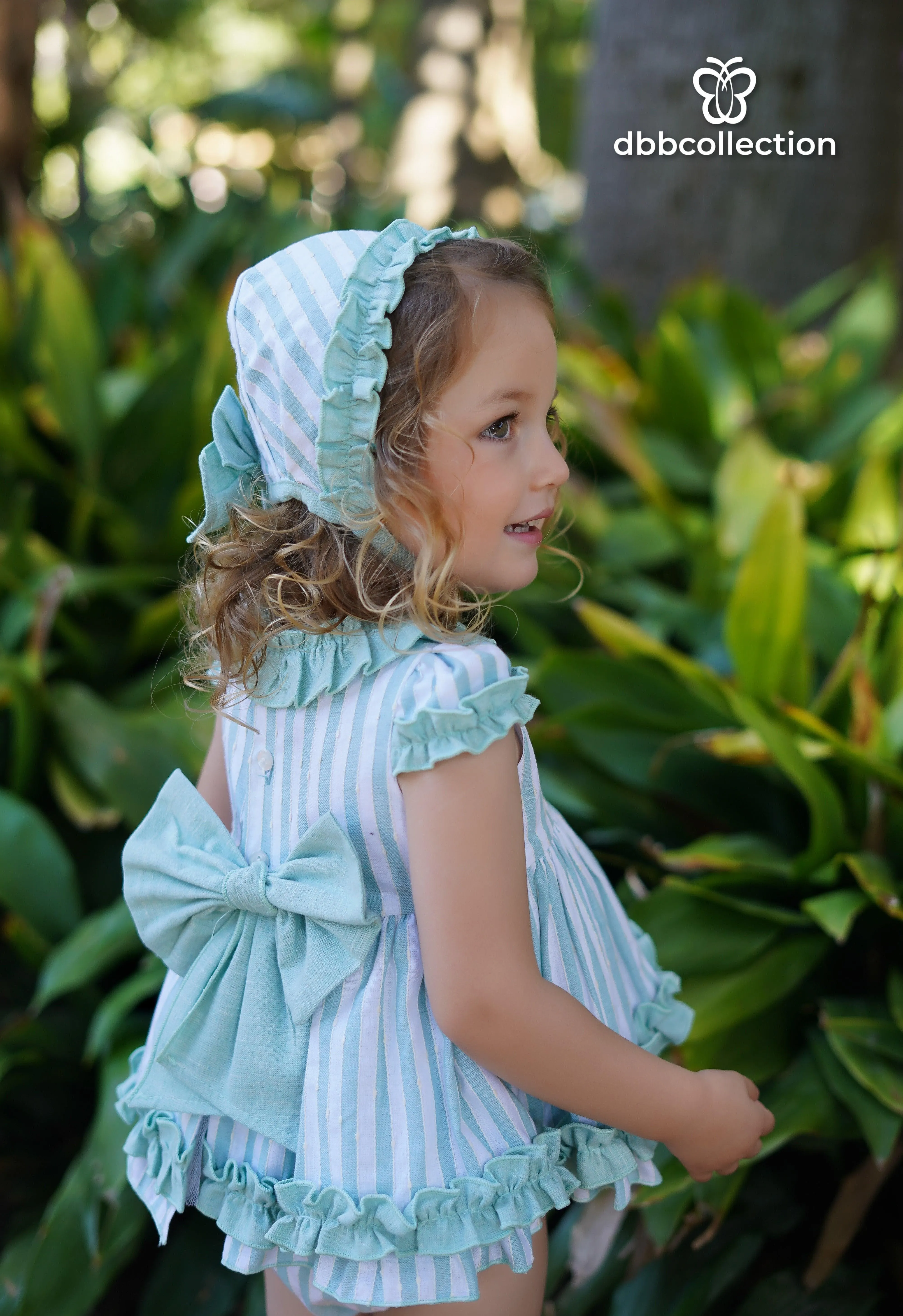 CLEARANCE SALE - DBB Collection SS24 - Baby Girls Mint Stripe Dress with Matching Knickers & Bonnet