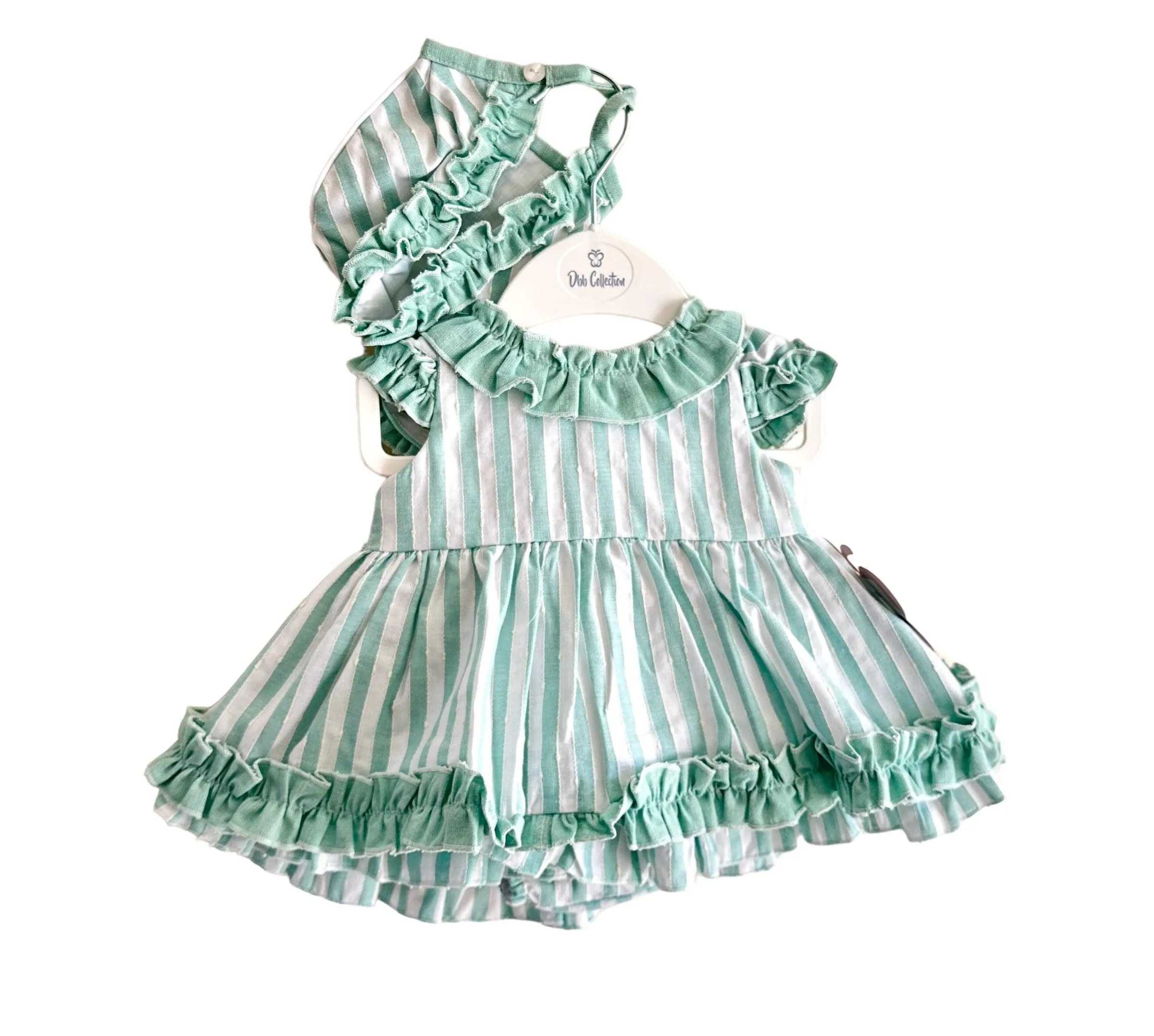 CLEARANCE SALE - DBB Collection SS24 - Baby Girls Mint Stripe Dress with Matching Knickers & Bonnet